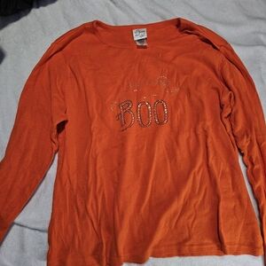 Y2K Orange Bedazzled Halloween Boo Ghost Long Sleeve Tee